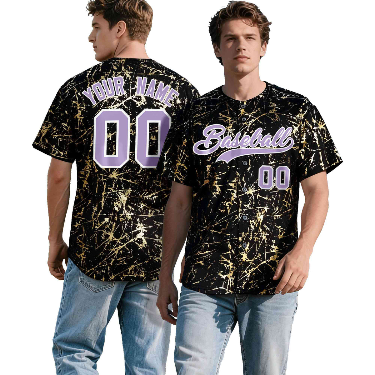 Custom Black Light Purple Metallic Gold Splatter Breathable&amp;Wrinkle-Resistant Baseball Jersey