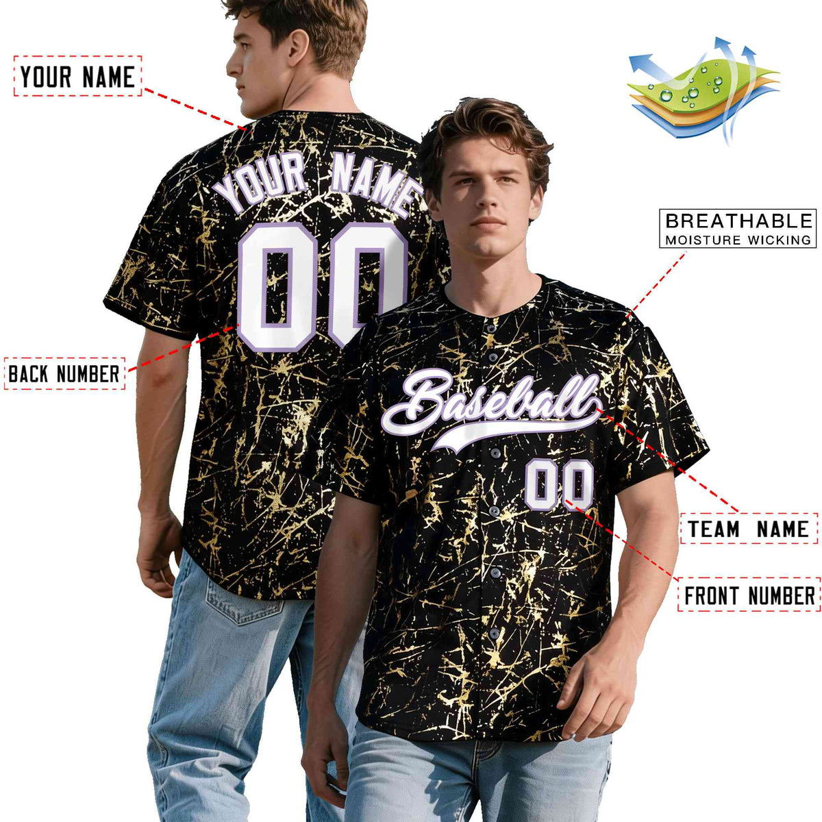 Custom Black White Black&amp;Gold Marble Print Clubwear Party Streetwear Baseball Jersey