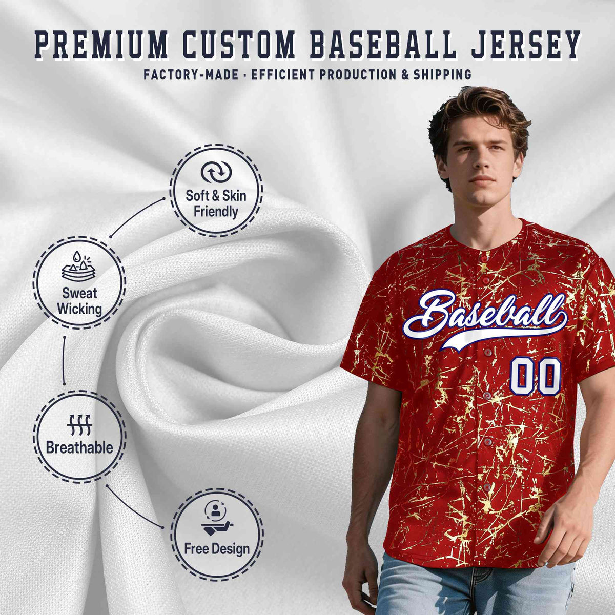 Custom Red White Black&amp;Shiny Gold Cracked Foil Hip Hop Button Down Baseball Jersey