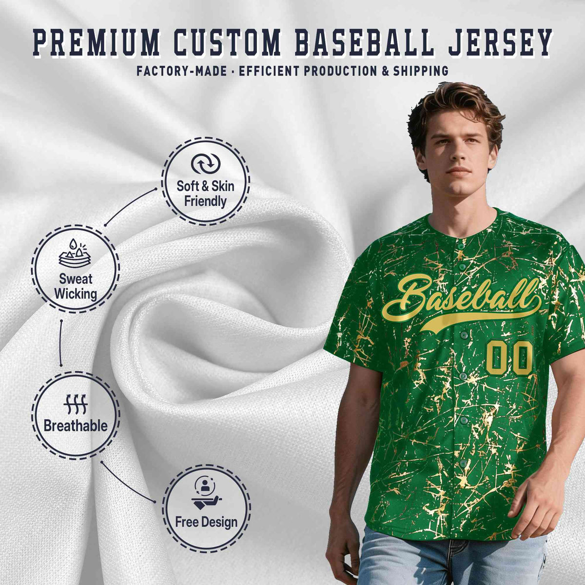 Custom Kelly Green Old Gold Black&amp;Shiny Gold Cracked Foil Hip Hop Button Down Baseball Jersey