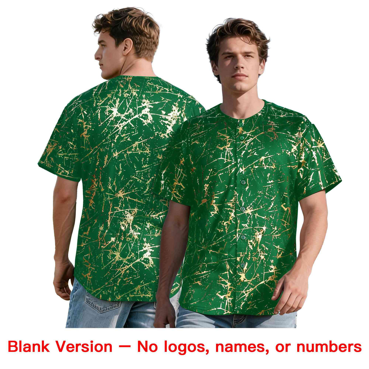 Custom Kelly Green Red Metallic Gold Splatter Breathable&amp;Wrinkle-Resistant Baseball Jersey