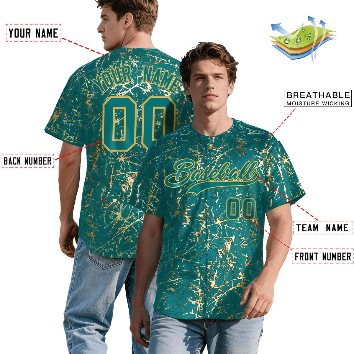 Custom Teal Old Gold Shiny Gold Cracked Texture Baseball Jersey