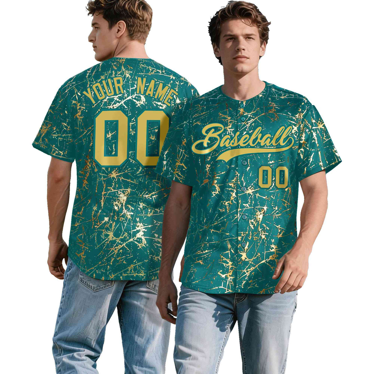 Custom Teal Old Gold Black&amp;Shiny Gold Cracked Foil Hip Hop Button Down Baseball Jersey