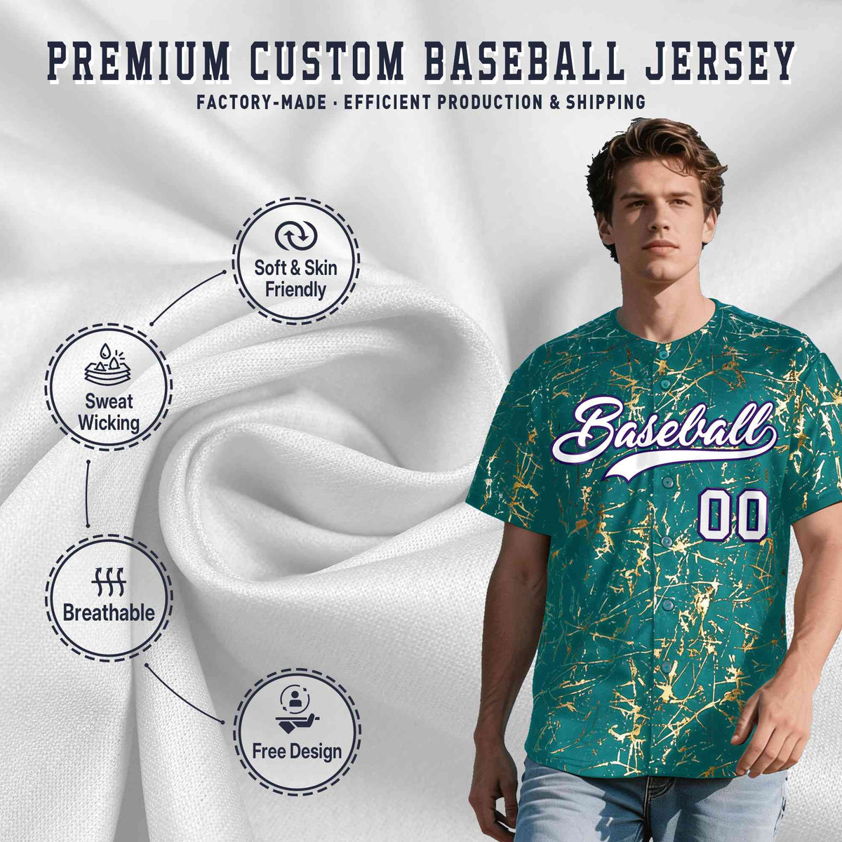 Custom Teal White Black&amp;Shiny Gold Cracked Foil Breathable Mesh Streetwear Baseball Jersey