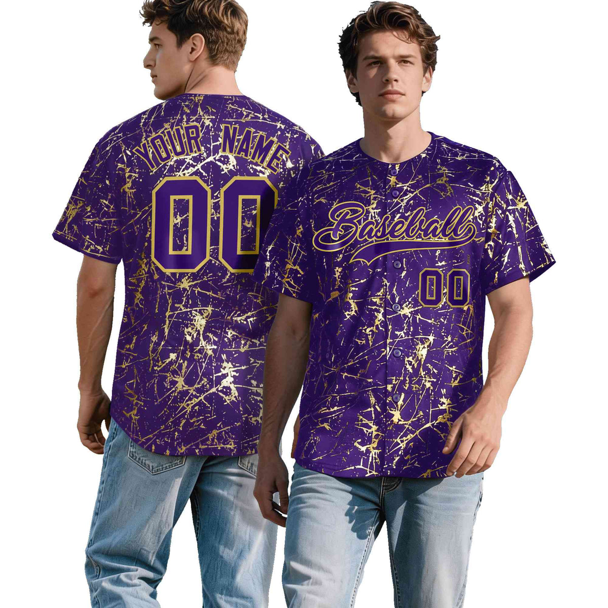 Custom Purple Old Gold Shiny Gold Cracked Texture Baseball Jersey