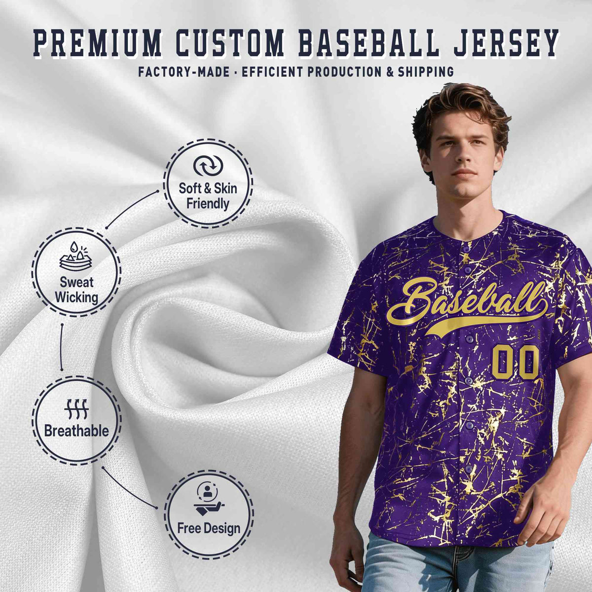 Custom Purple Old Gold Black&amp;Shiny Gold Cracked Foil Hip Hop Button Down Baseball Jersey