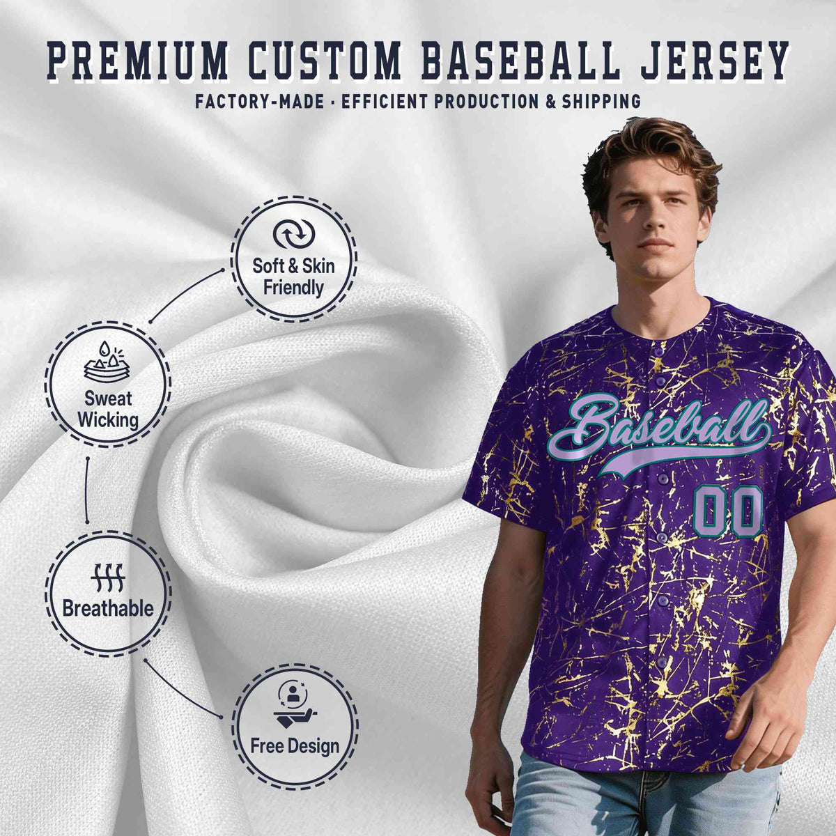 Custom Purple Light Purple Metallic Gold Splatter Breathable&amp;Wrinkle-Resistant Baseball Jersey
