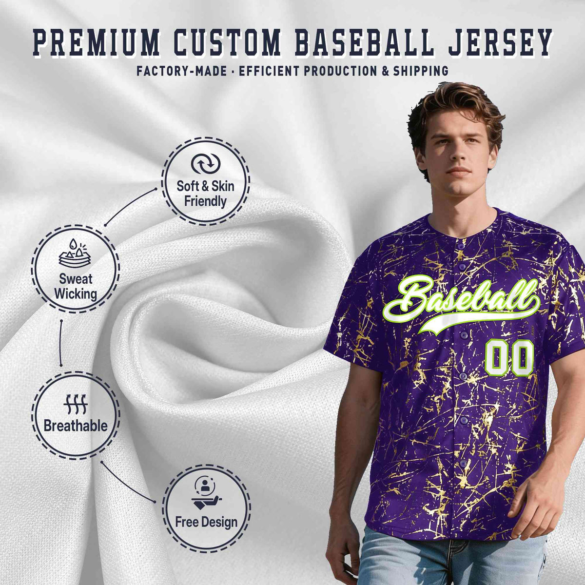 Custom Purple White Black&amp;Shiny Gold Cracked Foil Breathable Mesh Streetwear Baseball Jersey