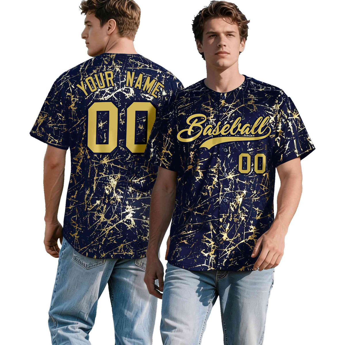Custom Navy Old Gold Black&amp;Shiny Gold Cracked Foil Hip Hop Button Down Baseball Jersey