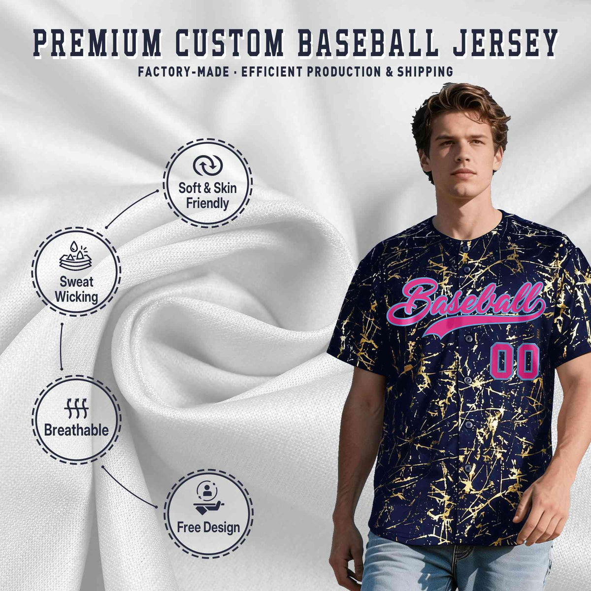 Custom Navy Rose Red Metallic Gold Splatter Breathable&amp;Wrinkle-Resistant Baseball Jersey
