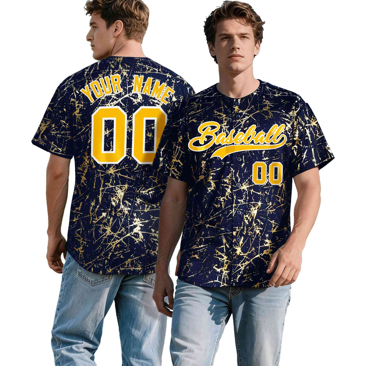 Custom Navy Yellow Metallic Gold Splatter Urban Streetwear Baseball Jersey