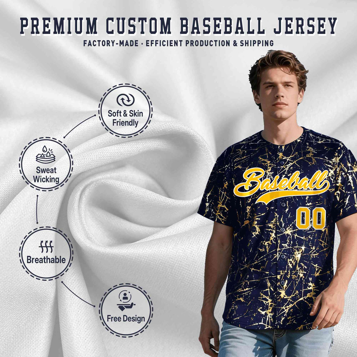Custom Navy Yellow Metallic Gold Splatter Urban Streetwear Baseball Jersey