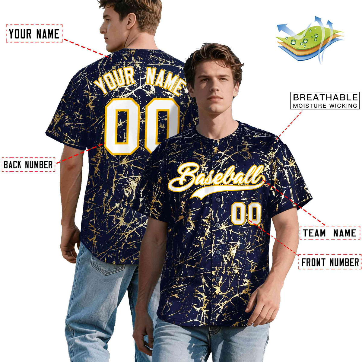 Custom Navy White Black&amp;Shiny Gold Cracked Foil Breathable Mesh Streetwear Baseball Jersey