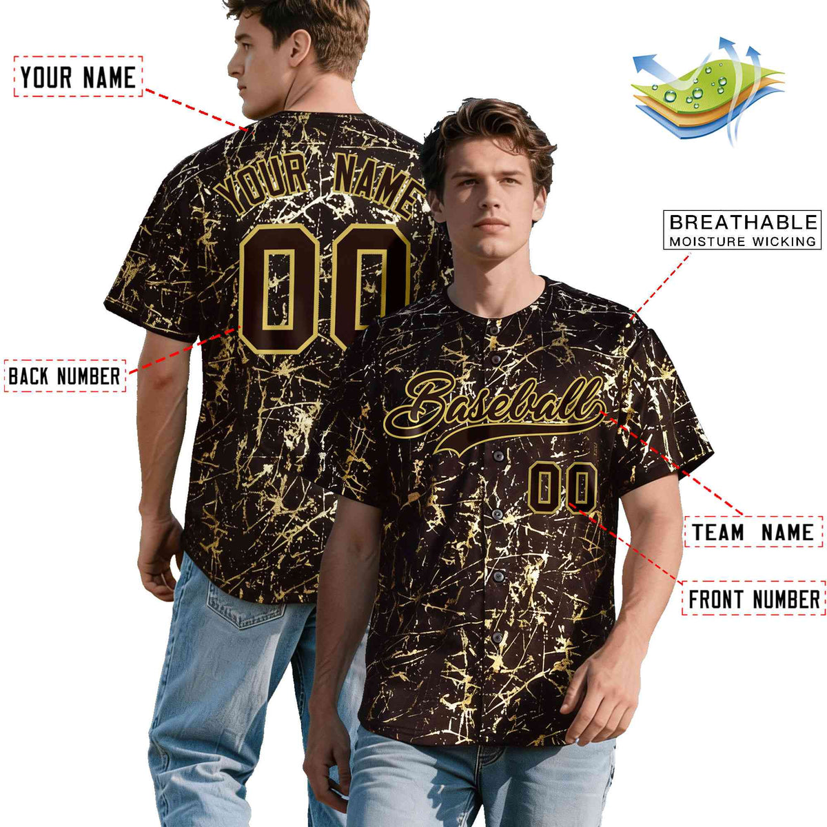 Custom Brown Old Gold Shiny Gold Cracked Texture Baseball Jersey