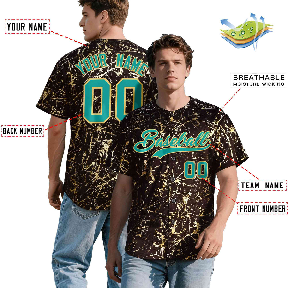 Custom Brown Aqua Metallic Gold Splatter Breathable&amp;Wrinkle-Resistant Baseball Jersey