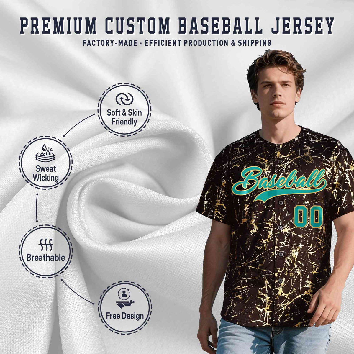 Custom Brown Aqua Metallic Gold Splatter Breathable&amp;Wrinkle-Resistant Baseball Jersey