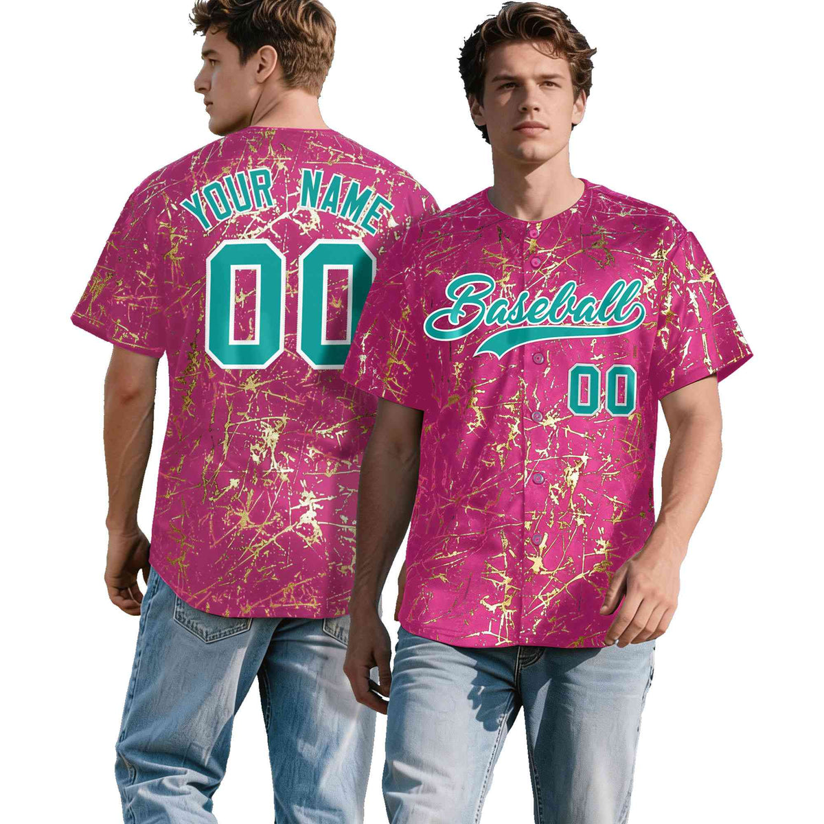 Custom Pink Aqua Metallic Gold Splatter Urban Streetwear Baseball Jersey