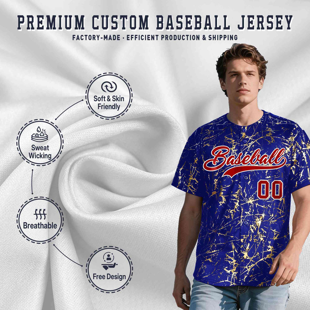 Custom Royal Red Metallic Gold Splatter Breathable&amp;Wrinkle-Resistant Baseball Jersey