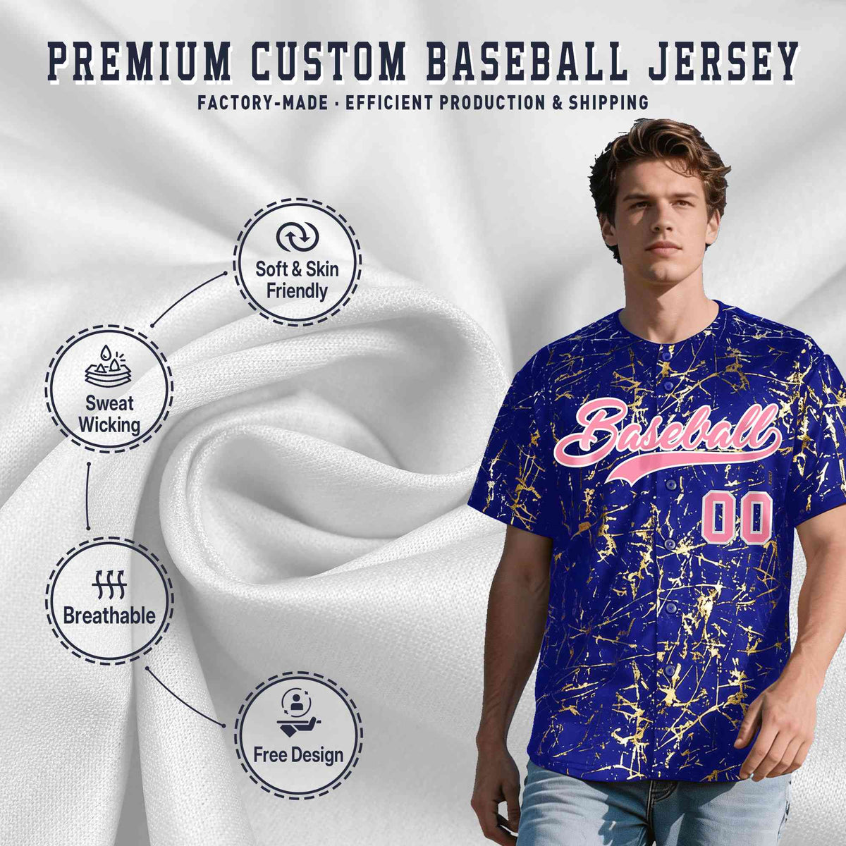 Custom Royal Light Pink Metallic Gold Splatter Urban Streetwear Baseball Jersey