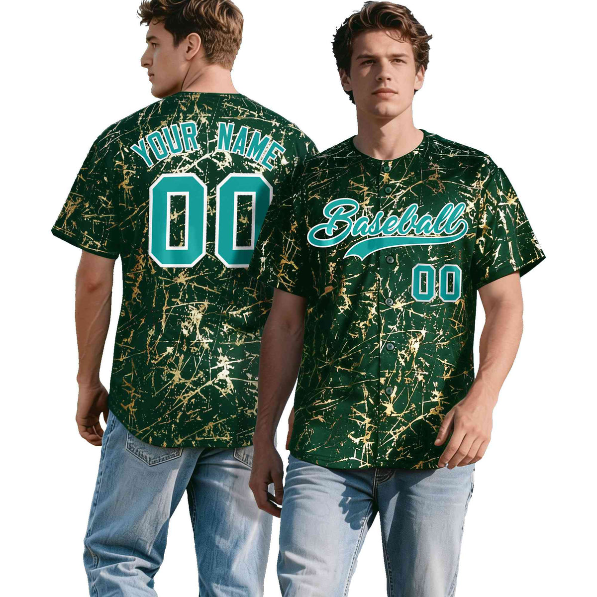Custom Green Aqua Metallic Gold Splatter Urban Streetwear Baseball Jersey