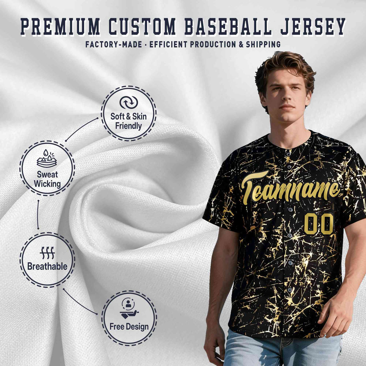 Custom Black Old Gold Shiny Gold Cracked Texture Baseball Jersey