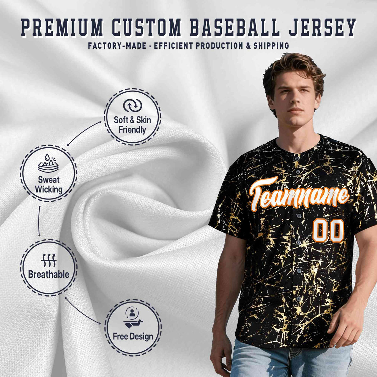 Custom Black White Black&amp;Shiny Gold Cracked Foil Breathable Mesh Streetwear Baseball Jersey