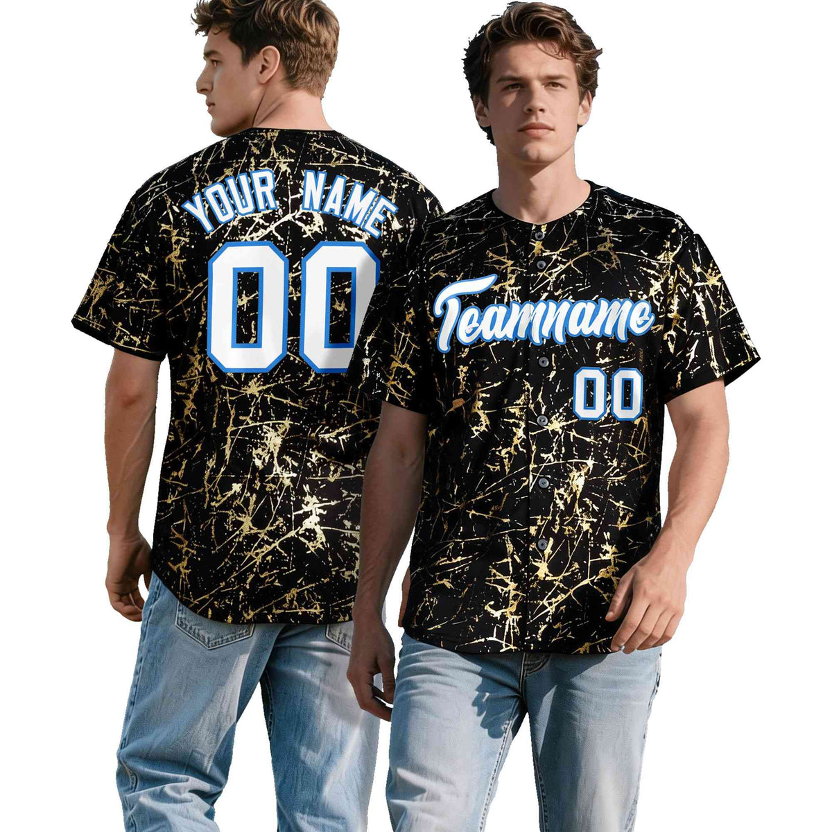 Custom Black White Black&amp;Shiny Gold Cracked Foil Hip Hop Button Down Baseball Jersey