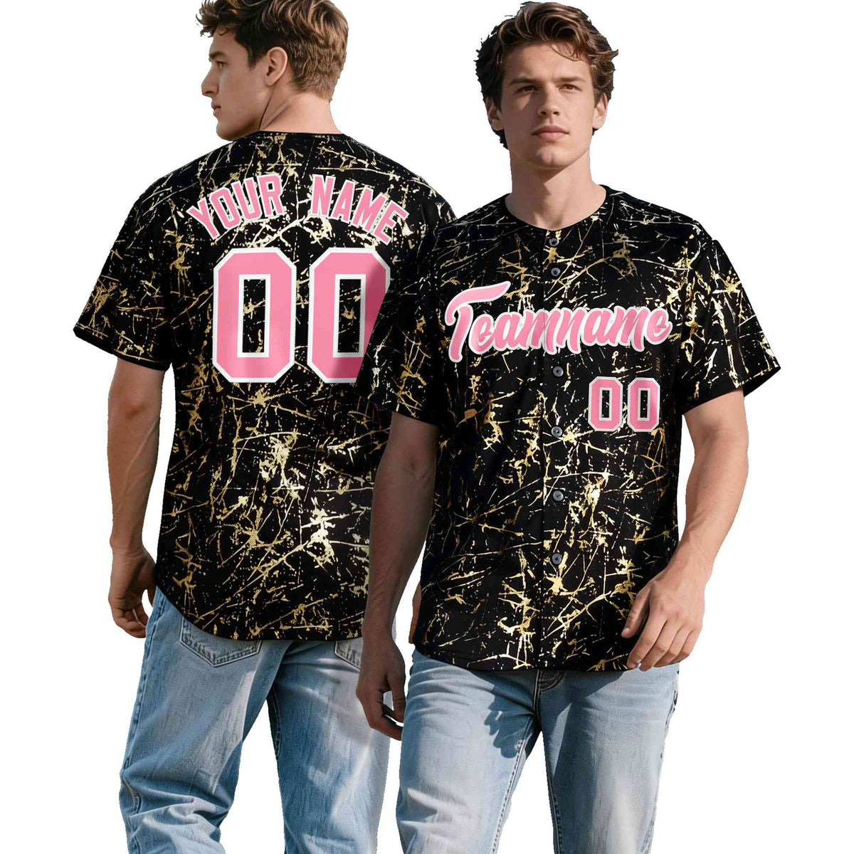 Custom Black Light Pink Metallic Gold Splatter Urban Streetwear Baseball Jersey