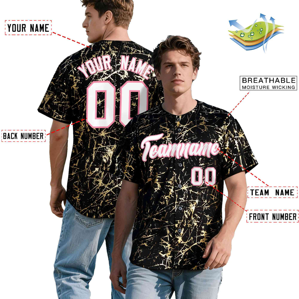 Custom Black White Black&amp;Shiny Gold Cracked Foil Breathable Mesh Streetwear Baseball Jersey