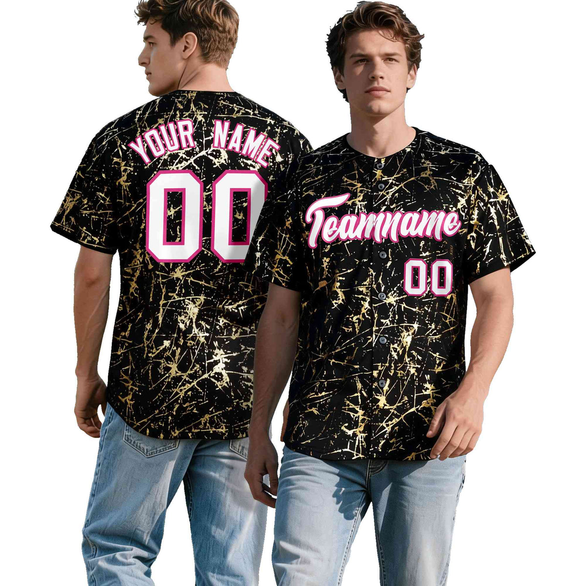 Custom Black White Black&amp;Shiny Gold Cracked Foil Hip Hop Button Down Baseball Jersey