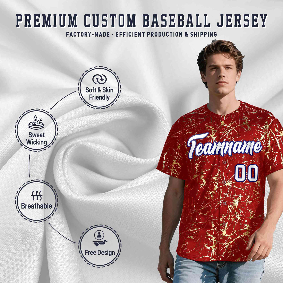 Custom Red White Black&amp;Shiny Gold Cracked Foil Hip Hop Button Down Baseball Jersey