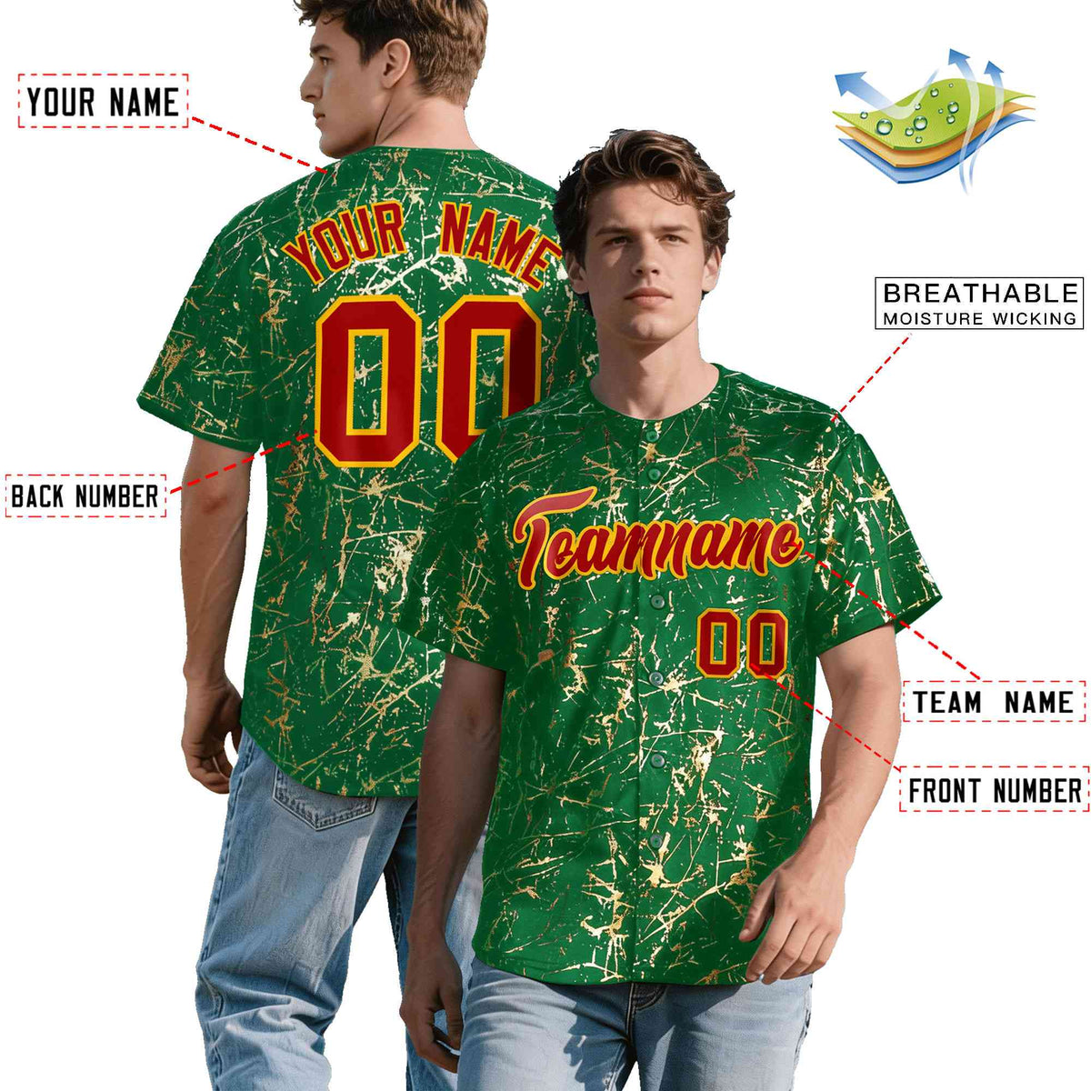 Custom Kelly Green Red Metallic Gold Splatter Breathable&amp;Wrinkle-Resistant Baseball Jersey