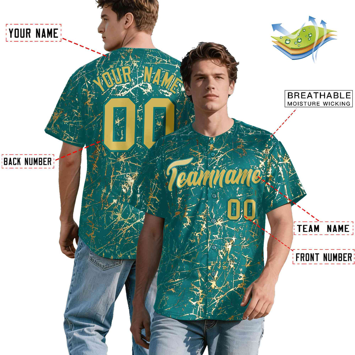 Custom Teal Old Gold Black&amp;Shiny Gold Cracked Foil Hip Hop Button Down Baseball Jersey