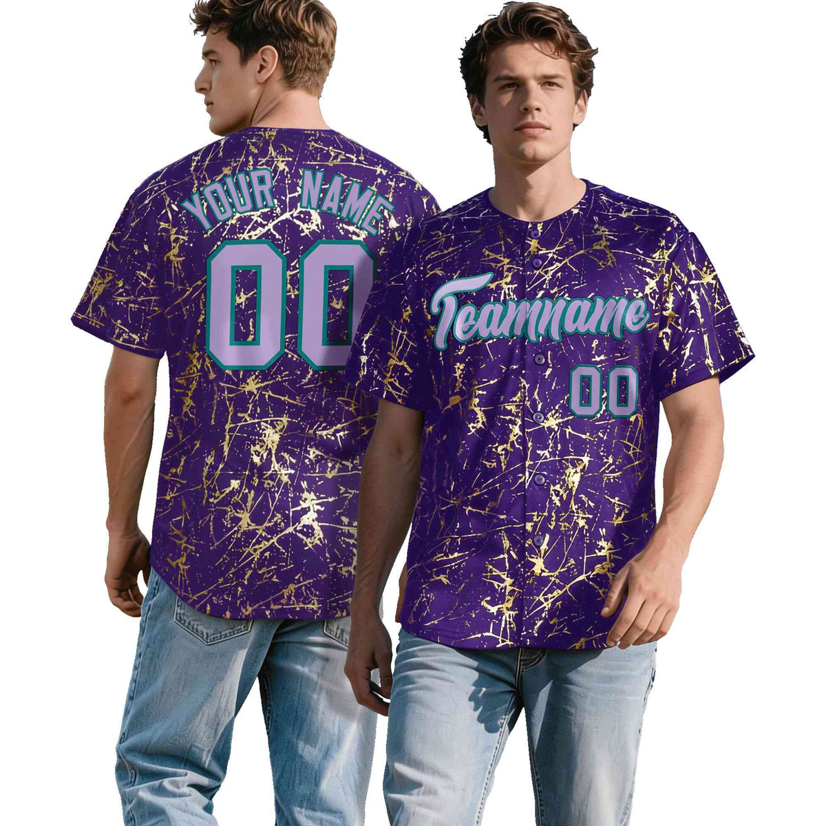 Custom Purple Light Purple Metallic Gold Splatter Breathable&amp;Wrinkle-Resistant Baseball Jersey
