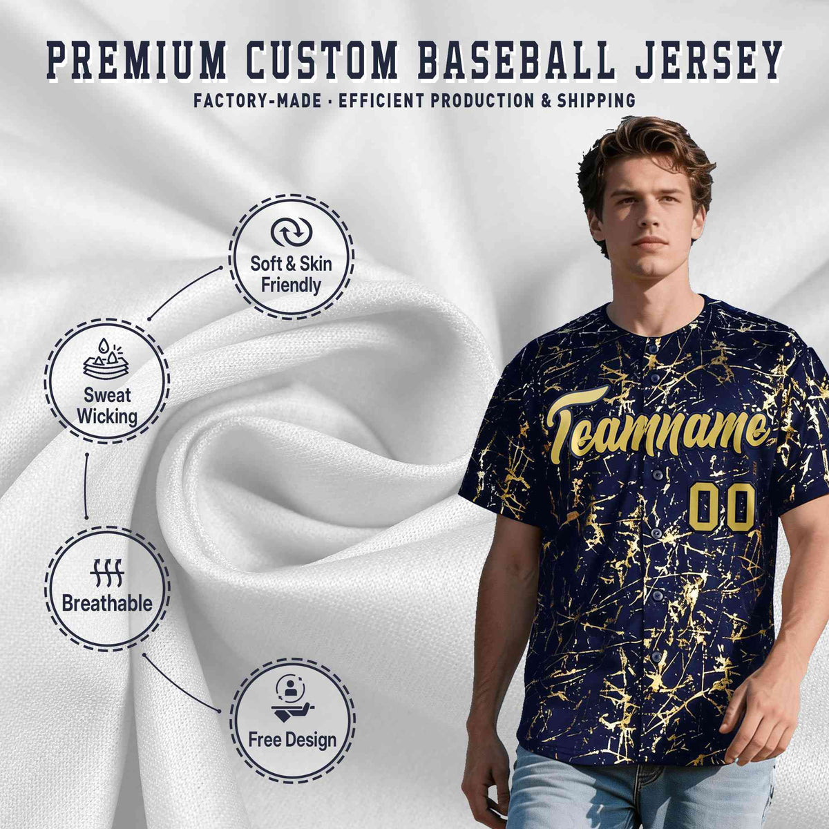 Custom Navy Old Gold Black&amp;Shiny Gold Cracked Foil Hip Hop Button Down Baseball Jersey
