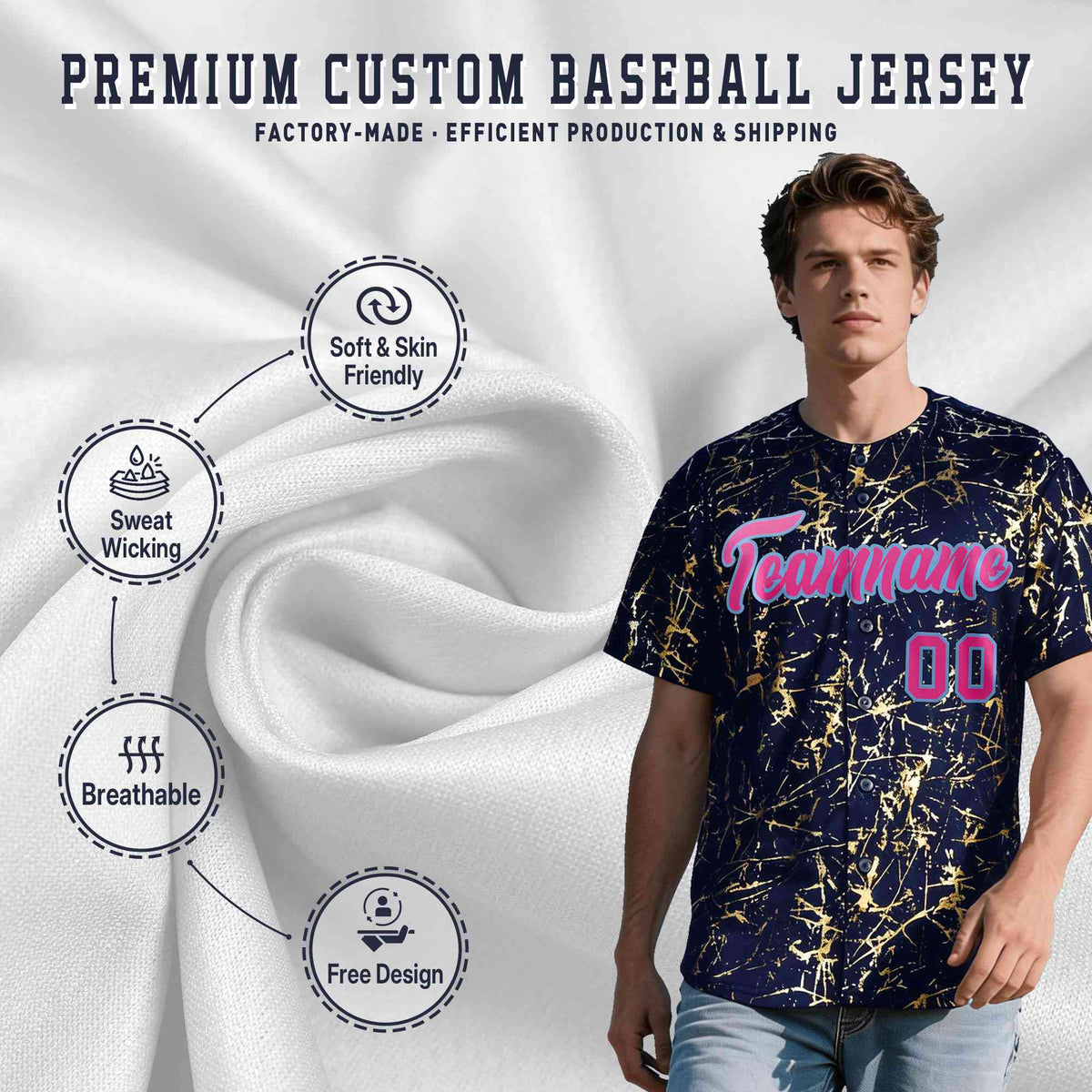 Custom Navy Rose Red Metallic Gold Splatter Breathable&amp;Wrinkle-Resistant Baseball Jersey