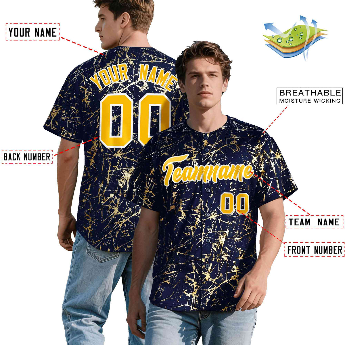 Custom Navy Yellow Metallic Gold Splatter Urban Streetwear Baseball Jersey