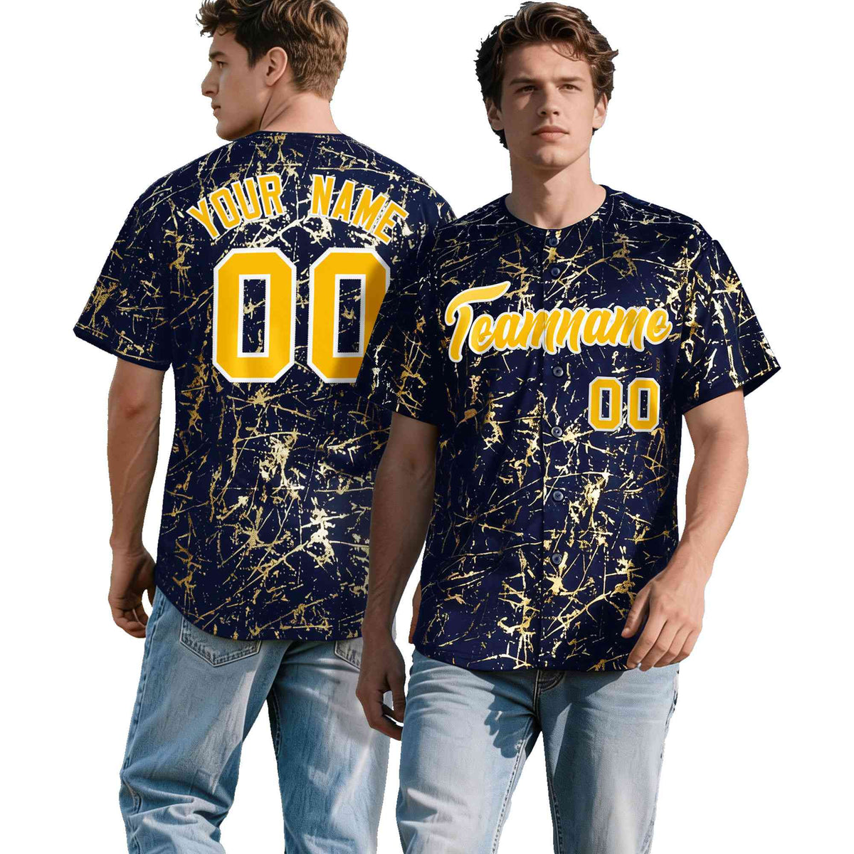 Custom Navy Yellow Metallic Gold Splatter Urban Streetwear Baseball Jersey