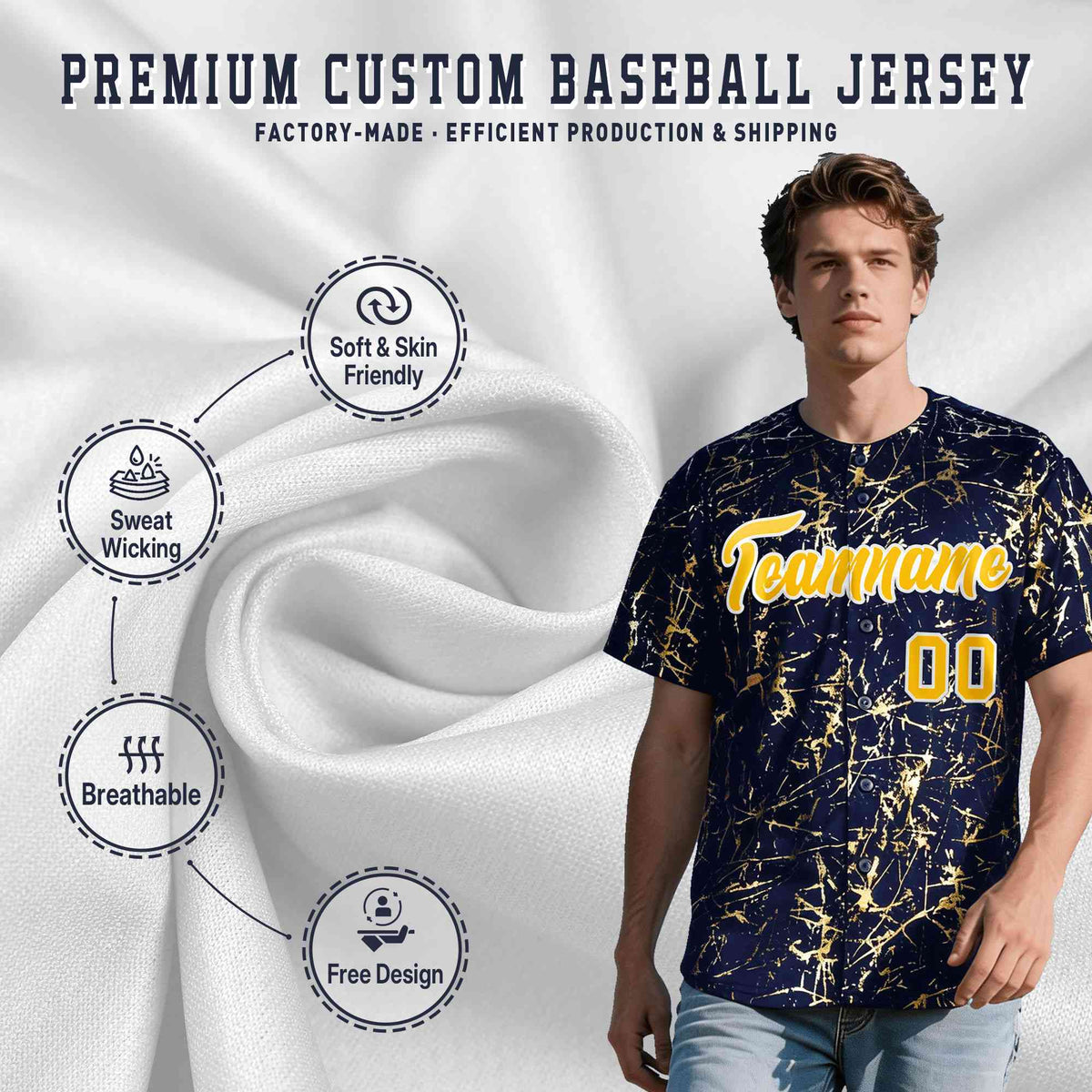 Custom Navy Yellow Metallic Gold Splatter Urban Streetwear Baseball Jersey