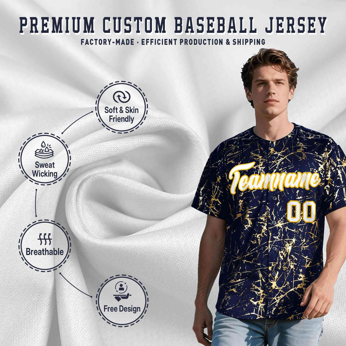 Custom Navy White Black&amp;Shiny Gold Cracked Foil Breathable Mesh Streetwear Baseball Jersey