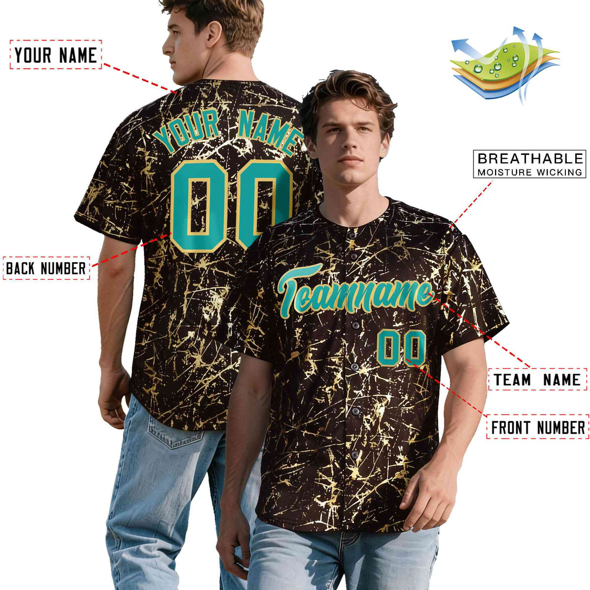 Custom Brown Aqua Metallic Gold Splatter Breathable&amp;Wrinkle-Resistant Baseball Jersey