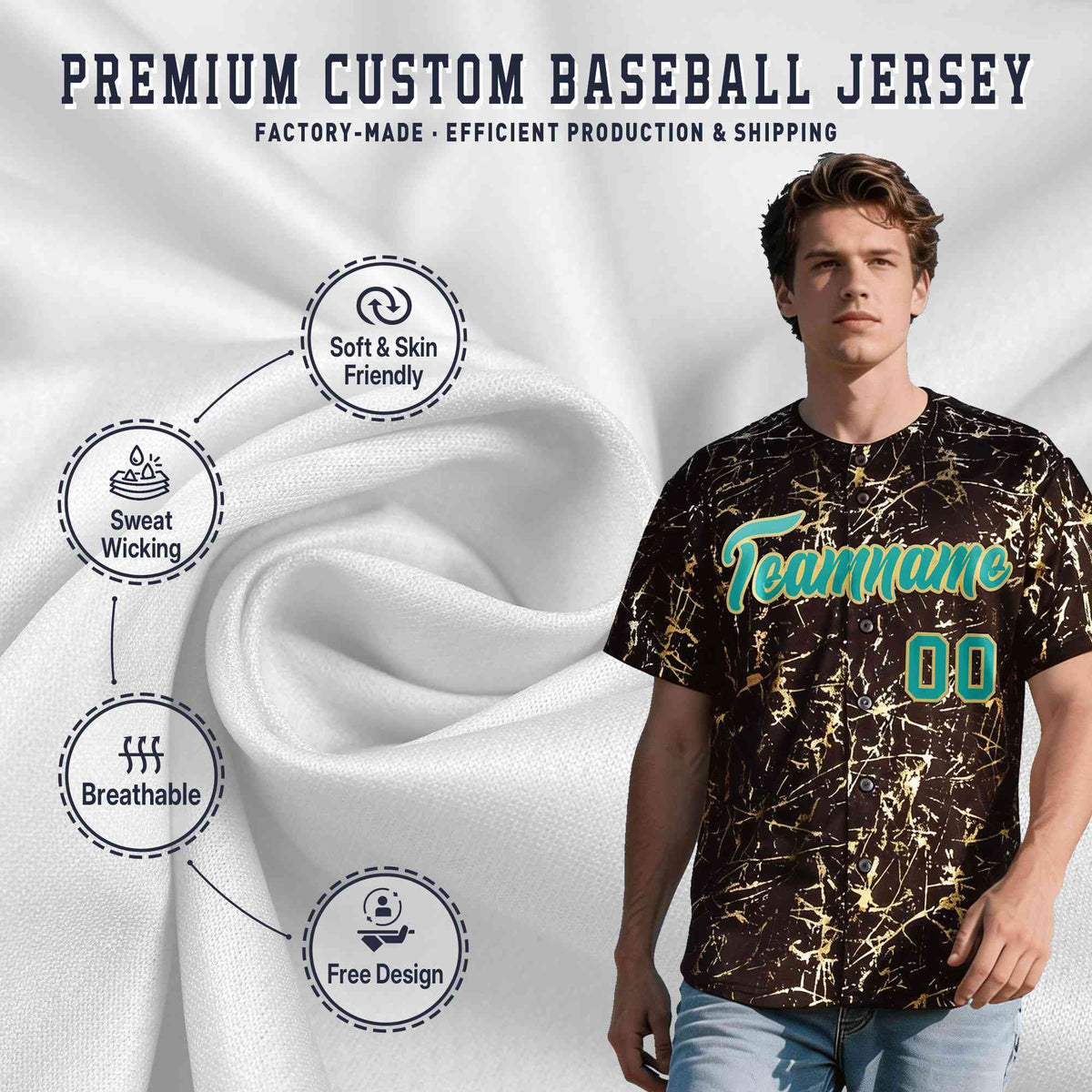 Custom Brown Aqua Metallic Gold Splatter Breathable&amp;Wrinkle-Resistant Baseball Jersey