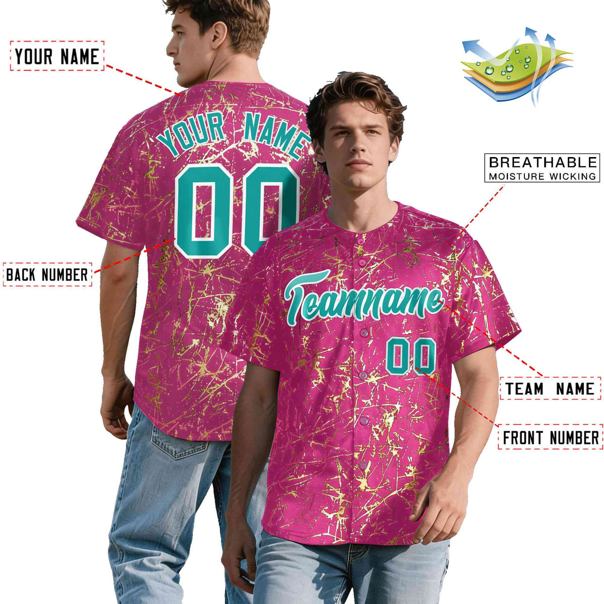 Custom Pink Aqua Metallic Gold Splatter Urban Streetwear Baseball Jersey