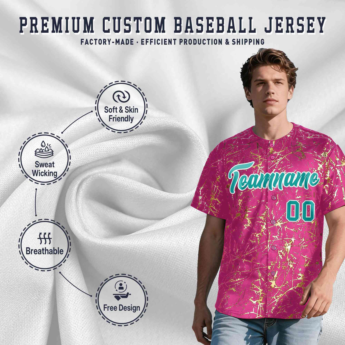 Custom Pink Aqua Metallic Gold Splatter Urban Streetwear Baseball Jersey
