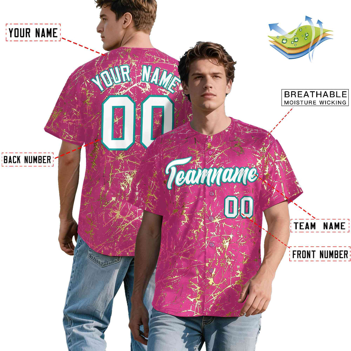 Custom Pink White Black&amp;Shiny Gold Cracked Foil Breathable Mesh Streetwear Baseball Jersey