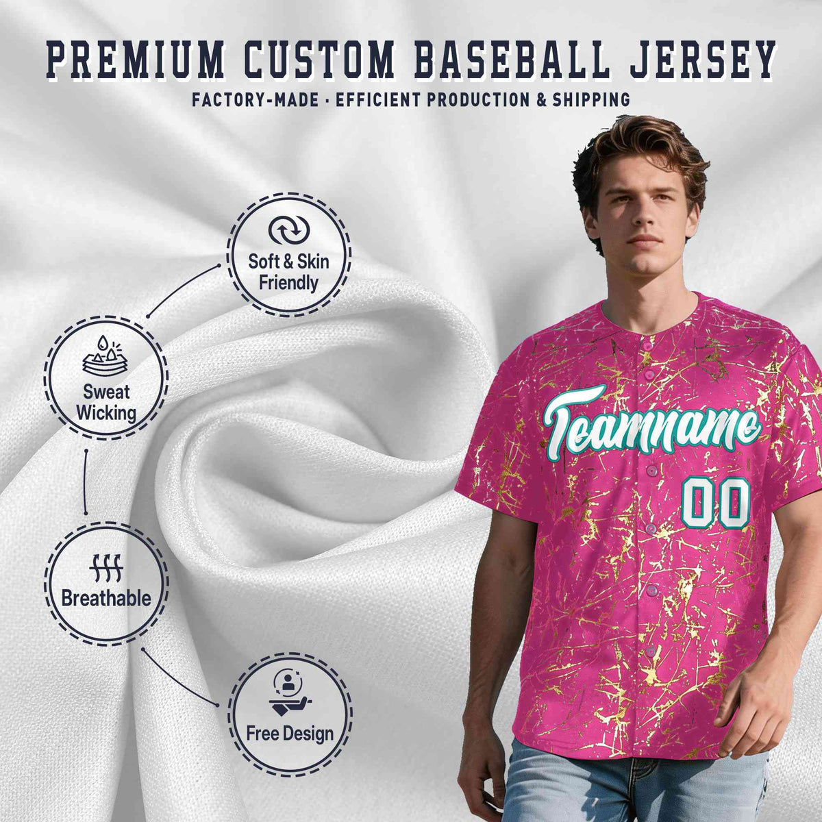Custom Pink White Black&amp;Shiny Gold Cracked Foil Breathable Mesh Streetwear Baseball Jersey