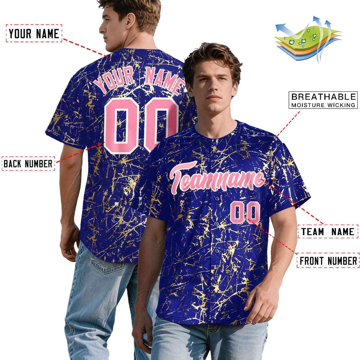 Custom Royal Light Pink Metallic Gold Splatter Urban Streetwear Baseball Jersey
