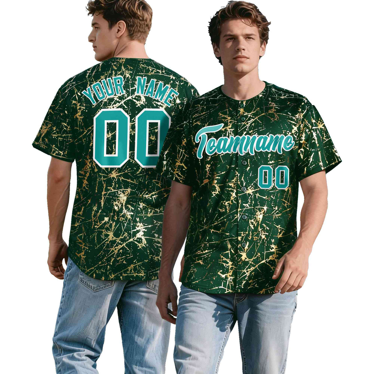 Custom Green Aqua Metallic Gold Splatter Urban Streetwear Baseball Jersey
