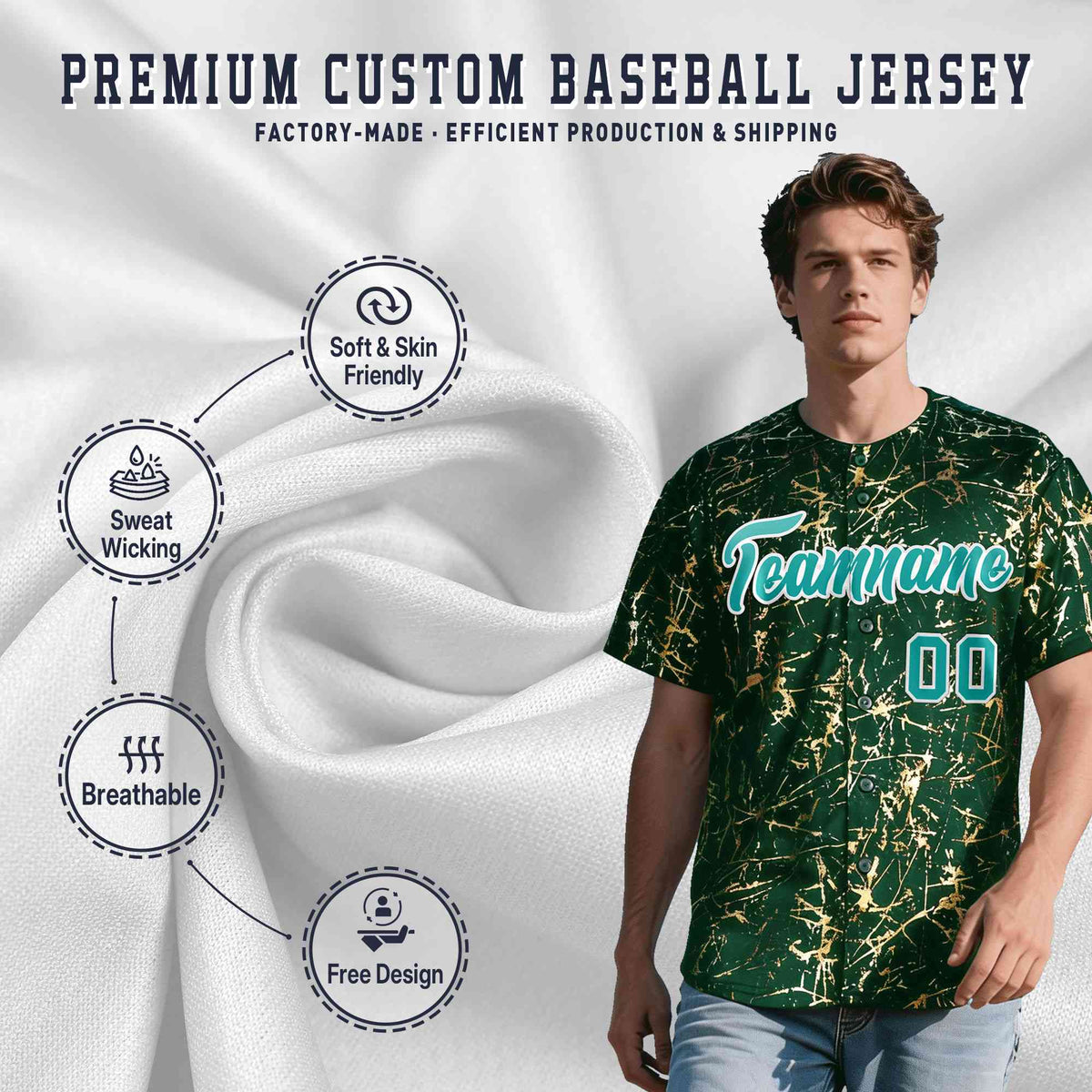 Custom Green Aqua Metallic Gold Splatter Urban Streetwear Baseball Jersey