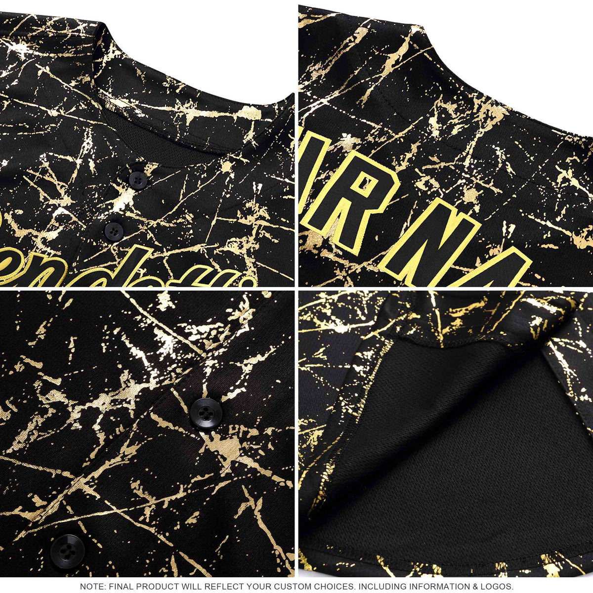Custom Royal Old Gold Black&amp;Shiny Gold Cracked Foil Hip Hop Button Down Baseball Jersey
